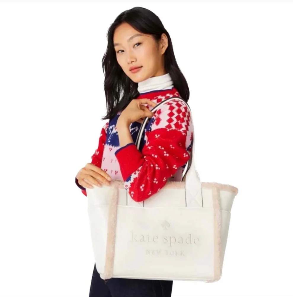SOLD- NWT Kate Spade Meringue Cream White Jett Shearling Trim Large Tote Purse - Picture 14 of 16
